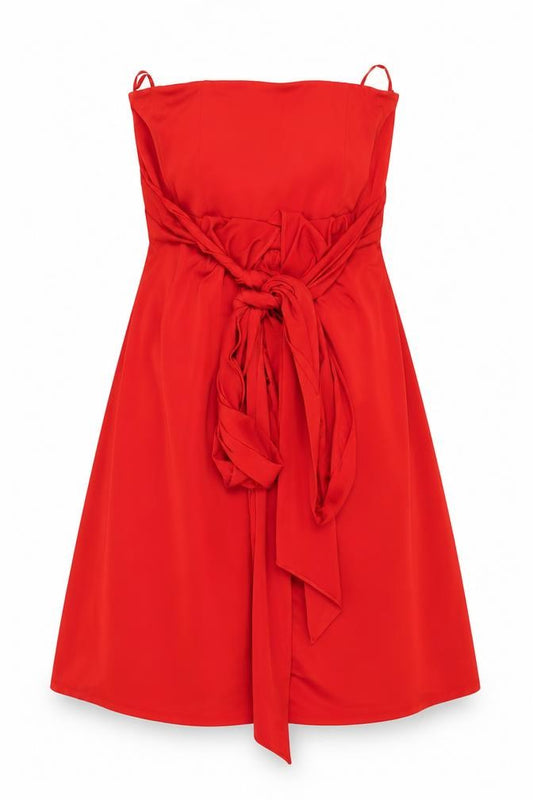 Front view of Truth & Fable women’s red polyester shift, size S, off the shoulder tie
