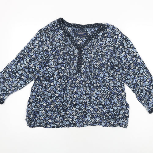 Maine Womens Blue Floral Viscose Basic T-Shirt Size 12 V-Neck