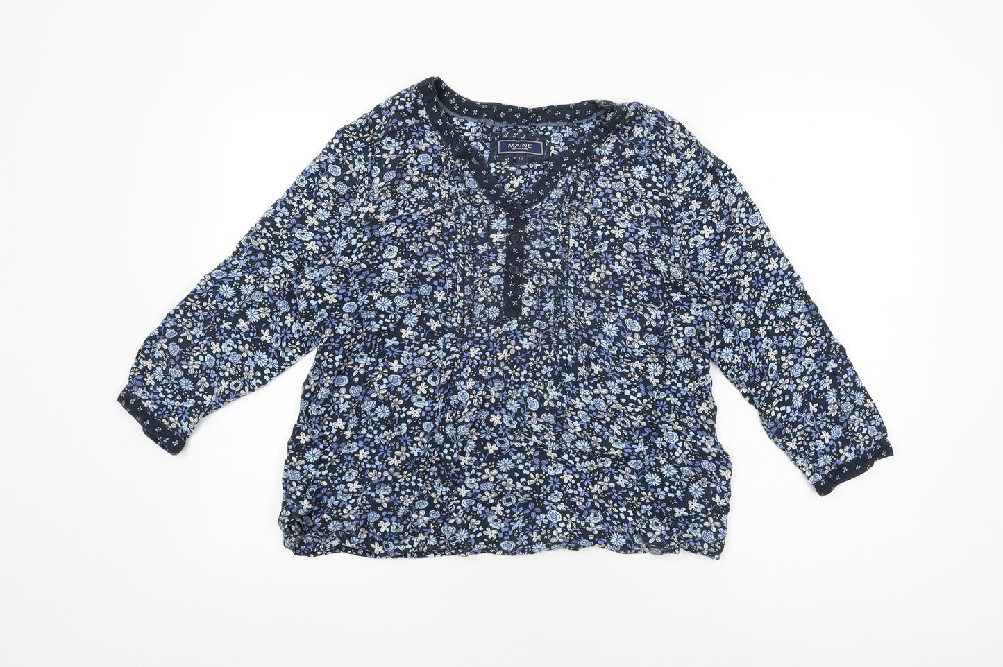 Maine Womens Blue Floral Viscose Basic T-Shirt Size 12 V-Neck
