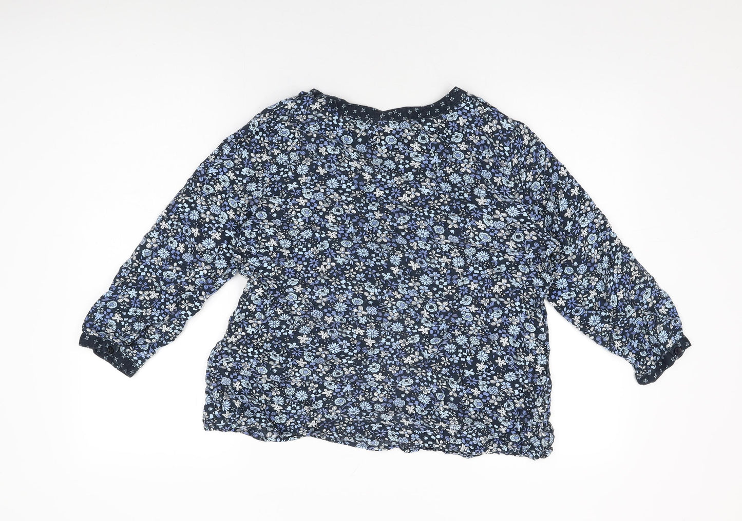 Maine Womens Blue Floral Viscose Basic T-Shirt Size 12 V-Neck