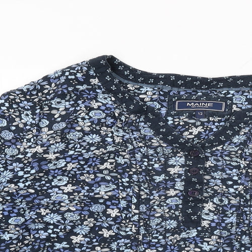 Maine Womens Blue Floral Viscose Basic T-Shirt Size 12 V-Neck