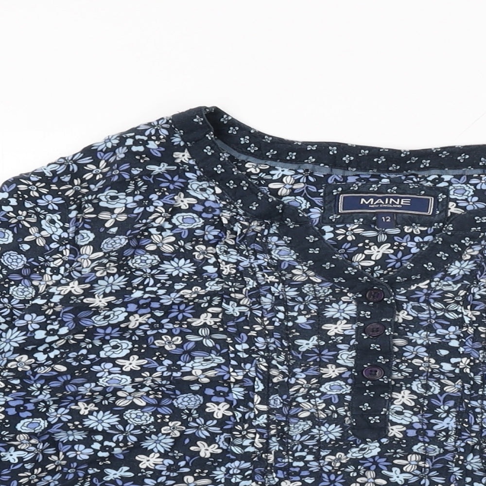 Maine Womens Blue Floral Viscose Basic T-Shirt Size 12 V-Neck