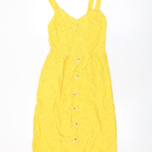 New Look Womens Yellow Geometric Cotton A-Line Size 8 V-Neck Pullover