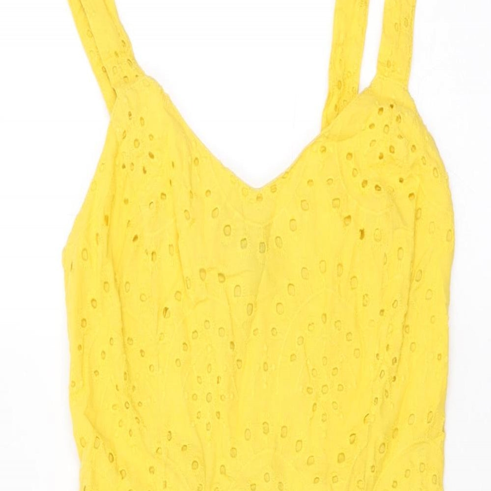 New Look Womens Yellow Geometric Cotton A-Line Size 8 V-Neck Pullover