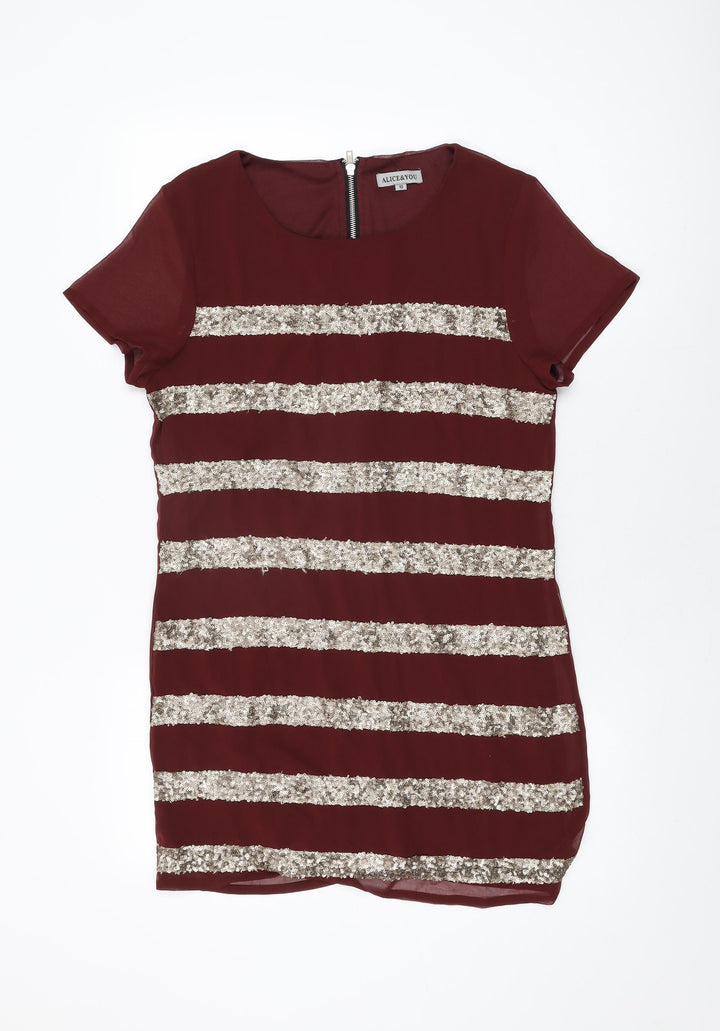 Alice & You Womens Red Striped Polyester Shift Size 10 Round Neck Zip