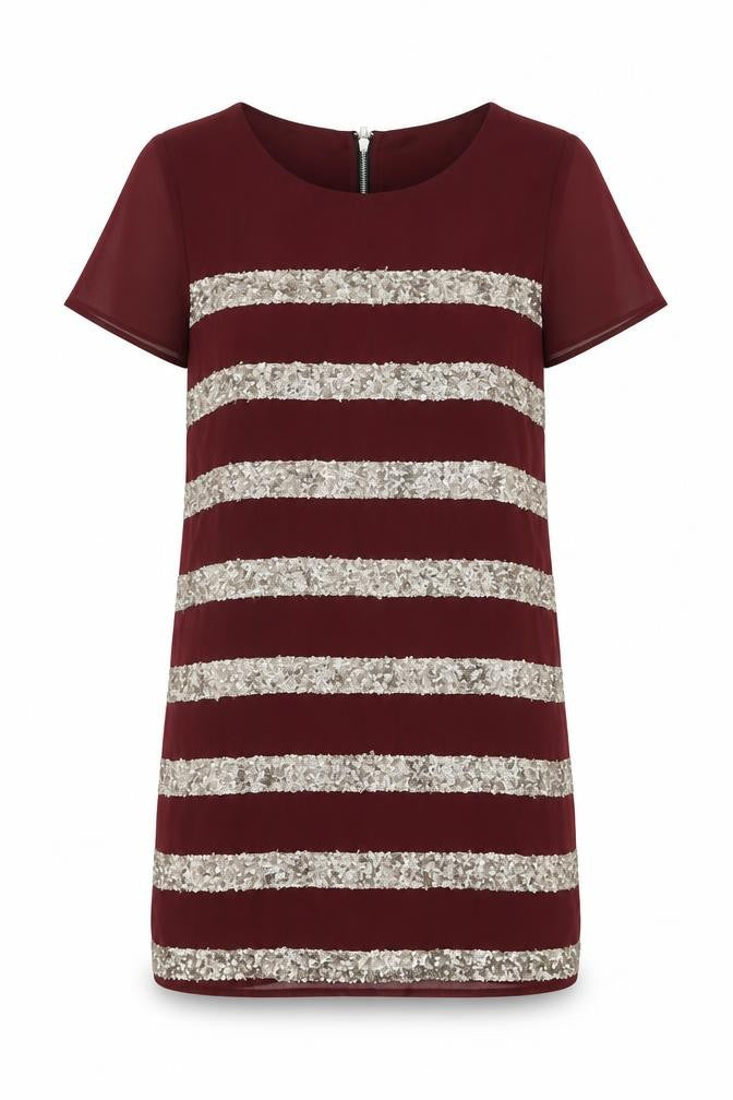 Front view of Alice & You women’s red striped polyester shift, size UK 10, round neck zip