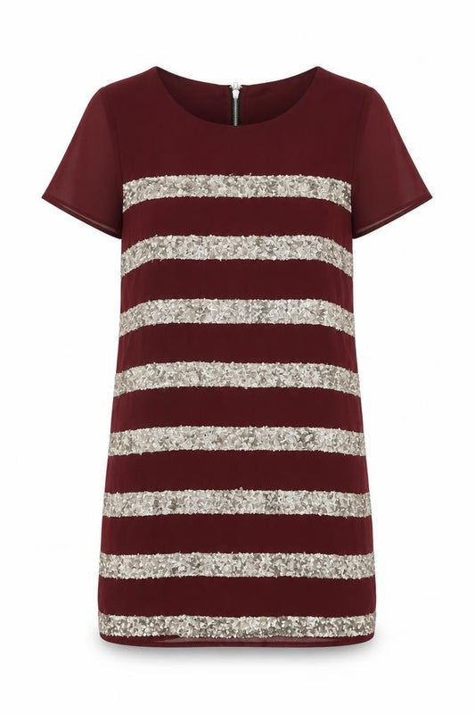 Front view of Alice & You women’s red striped polyester shift, size UK 10, round neck zip