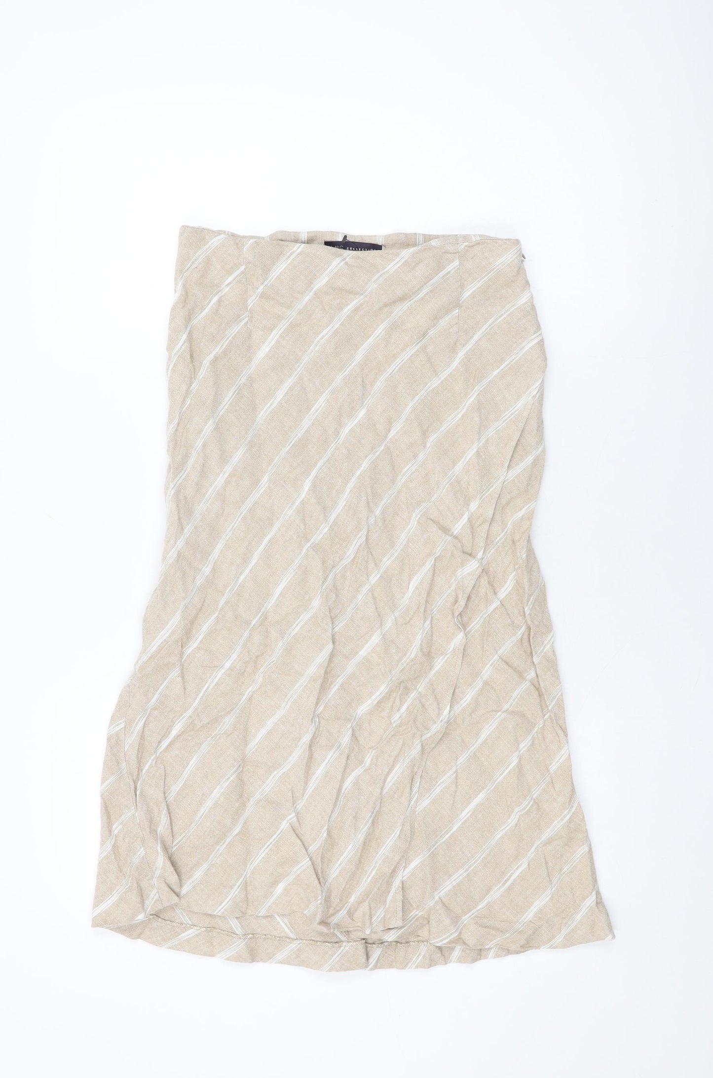 Marks and Spencer Womens Beige Striped Linen Flare Skirt Size 10 Zip