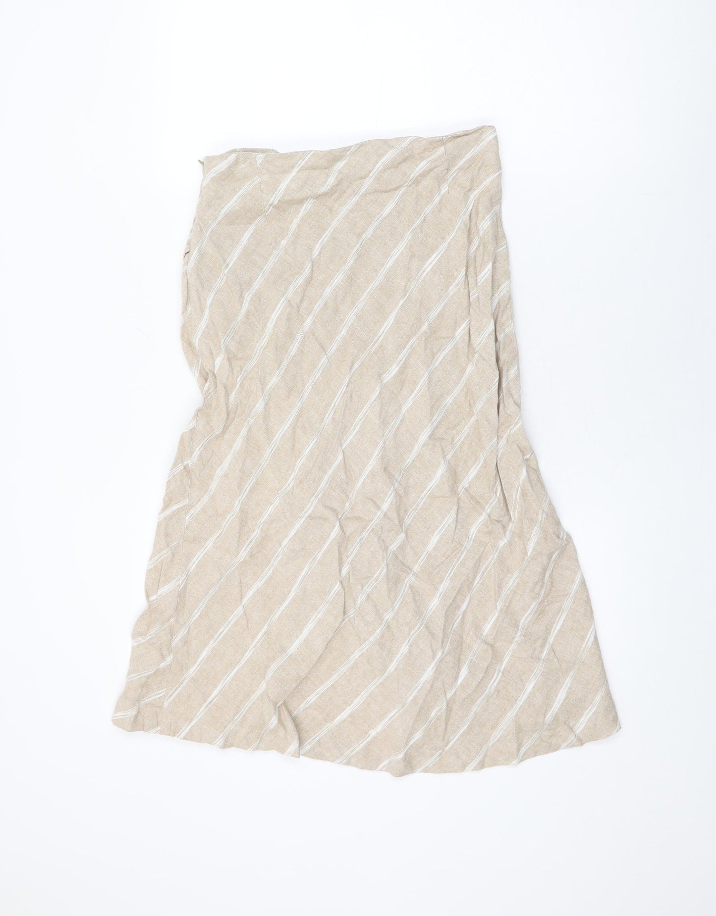 Marks and Spencer Womens Beige Striped Linen Flare Skirt Size 10 Zip