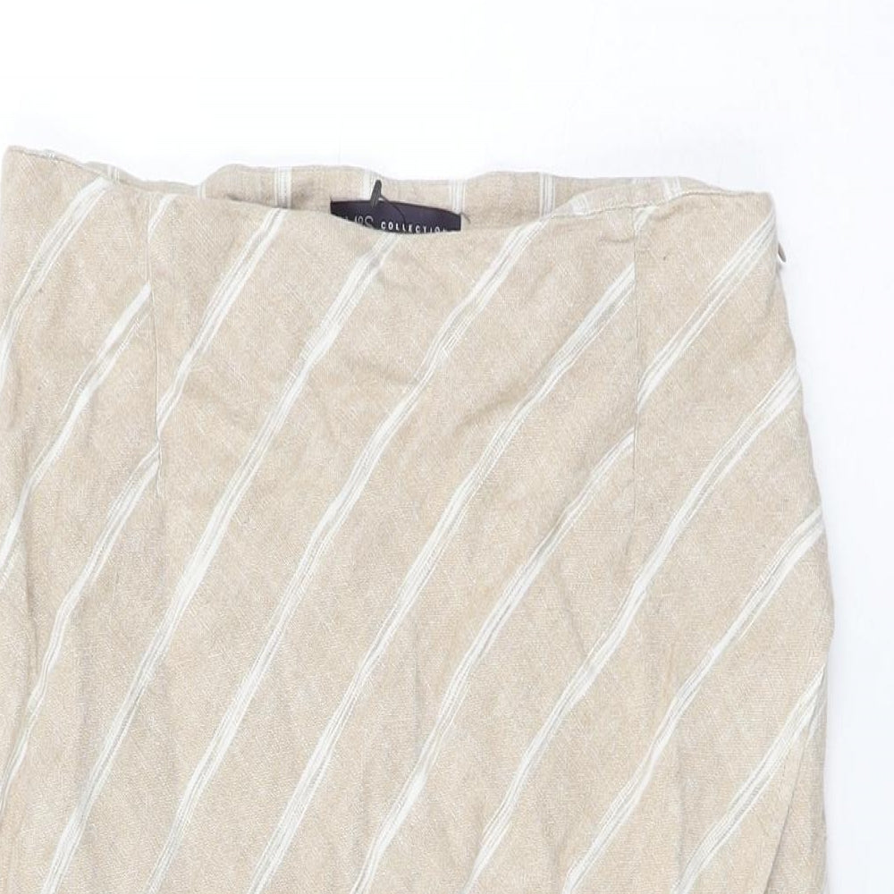 Marks and Spencer Womens Beige Striped Linen Flare Skirt Size 10 Zip