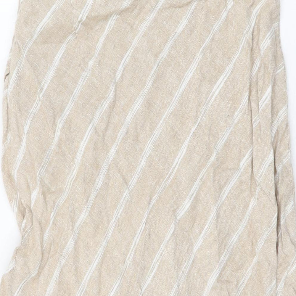 Marks and Spencer Womens Beige Striped Linen Flare Skirt Size 10 Zip