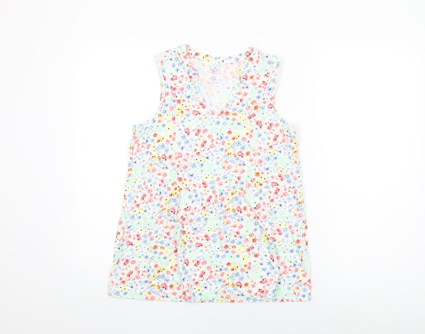 M&Co Womens White Floral Cotton Basic T-Shirt Size 12 V-Neck