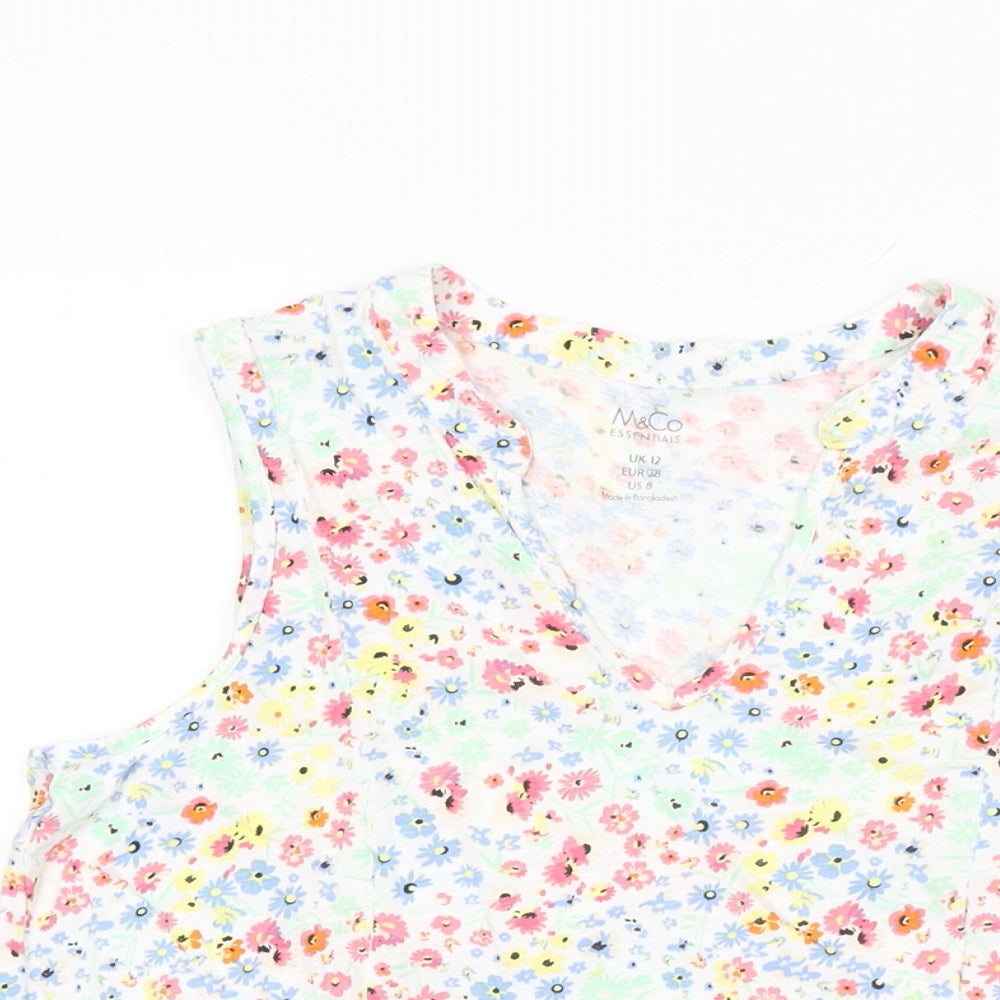 M&Co Womens White Floral Cotton Basic T-Shirt Size 12 V-Neck