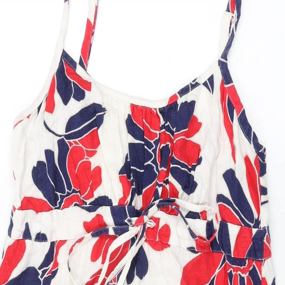 Marks and Spencer Womens White Floral Linen Shift Size 10 Scoop Neck Drawstring