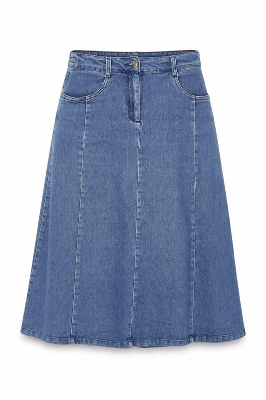 Front view of Cotton Traders women’s blue cotton swing skirt, size UK 10, zip