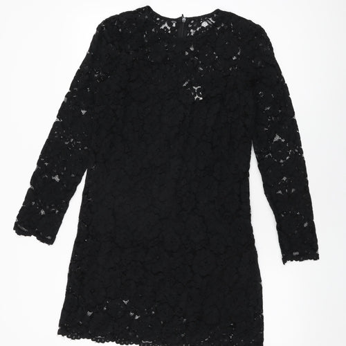 H&M Womens Black Floral Viscose Shift Size 8 Round Neck Zip