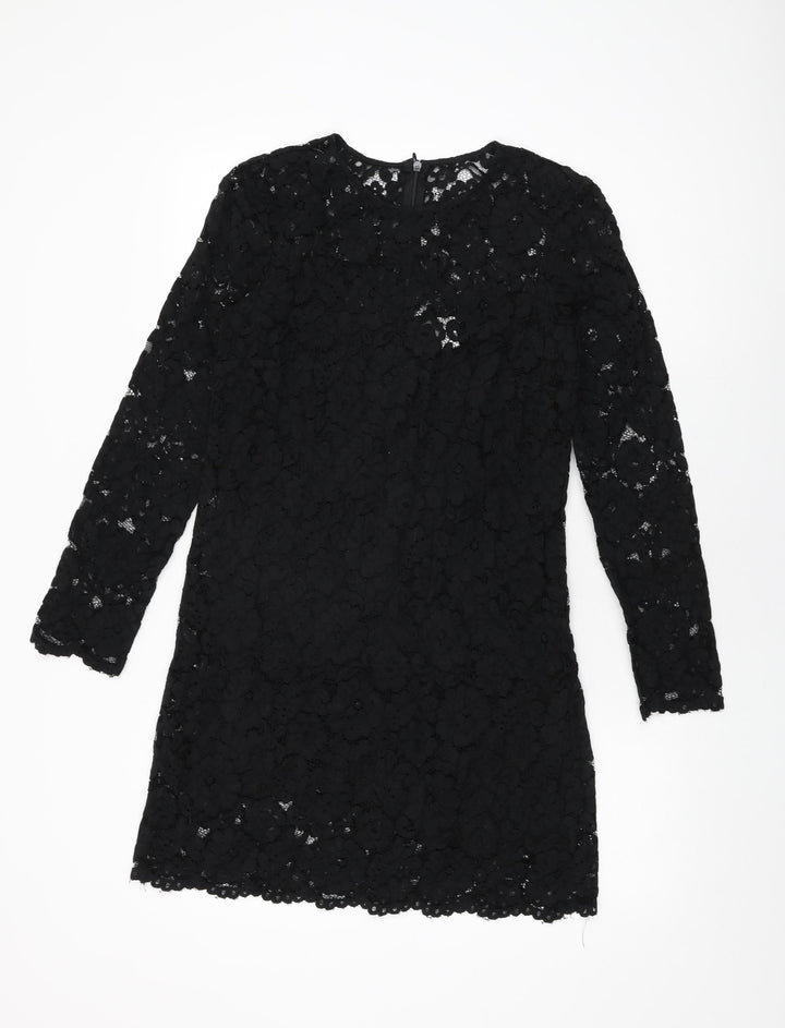 H&M Womens Black Floral Viscose Shift Size 8 Round Neck Zip