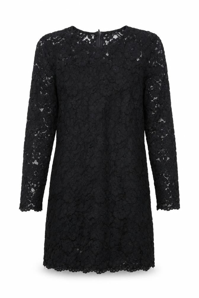 Front view of H&M women’s black floral viscose shift, size UK 8, round neck zip