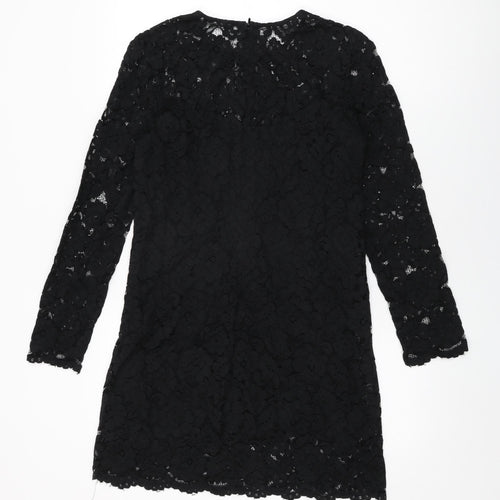 H&M Womens Black Floral Viscose Shift Size 8 Round Neck Zip