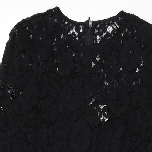 H&M Womens Black Floral Viscose Shift Size 8 Round Neck Zip