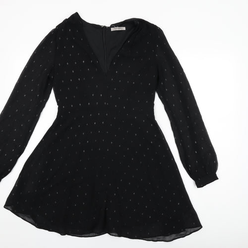 Glamorous Womens Black Polka Dot Polyester Skater Dress Size 10 V-Neck Zip