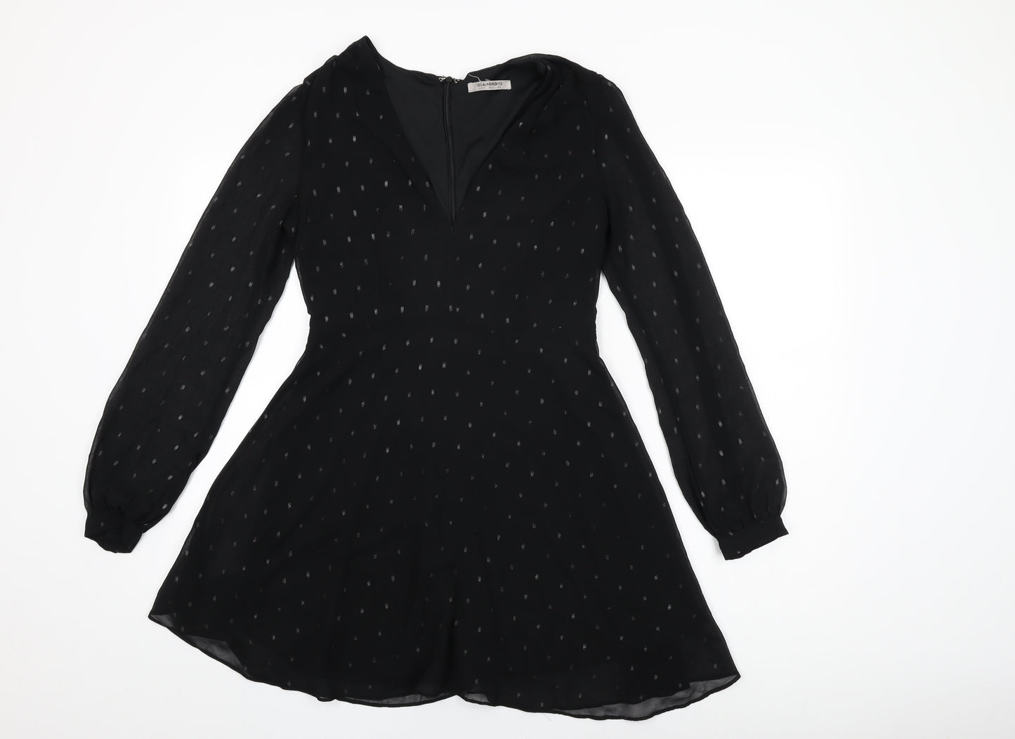 Glamorous Womens Black Polka Dot Polyester Skater Dress Size 10 V-Neck Zip