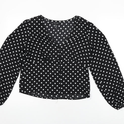 New Look Womens Black Polka Dot Polyester Basic Button-Up Size 8 V-Neck