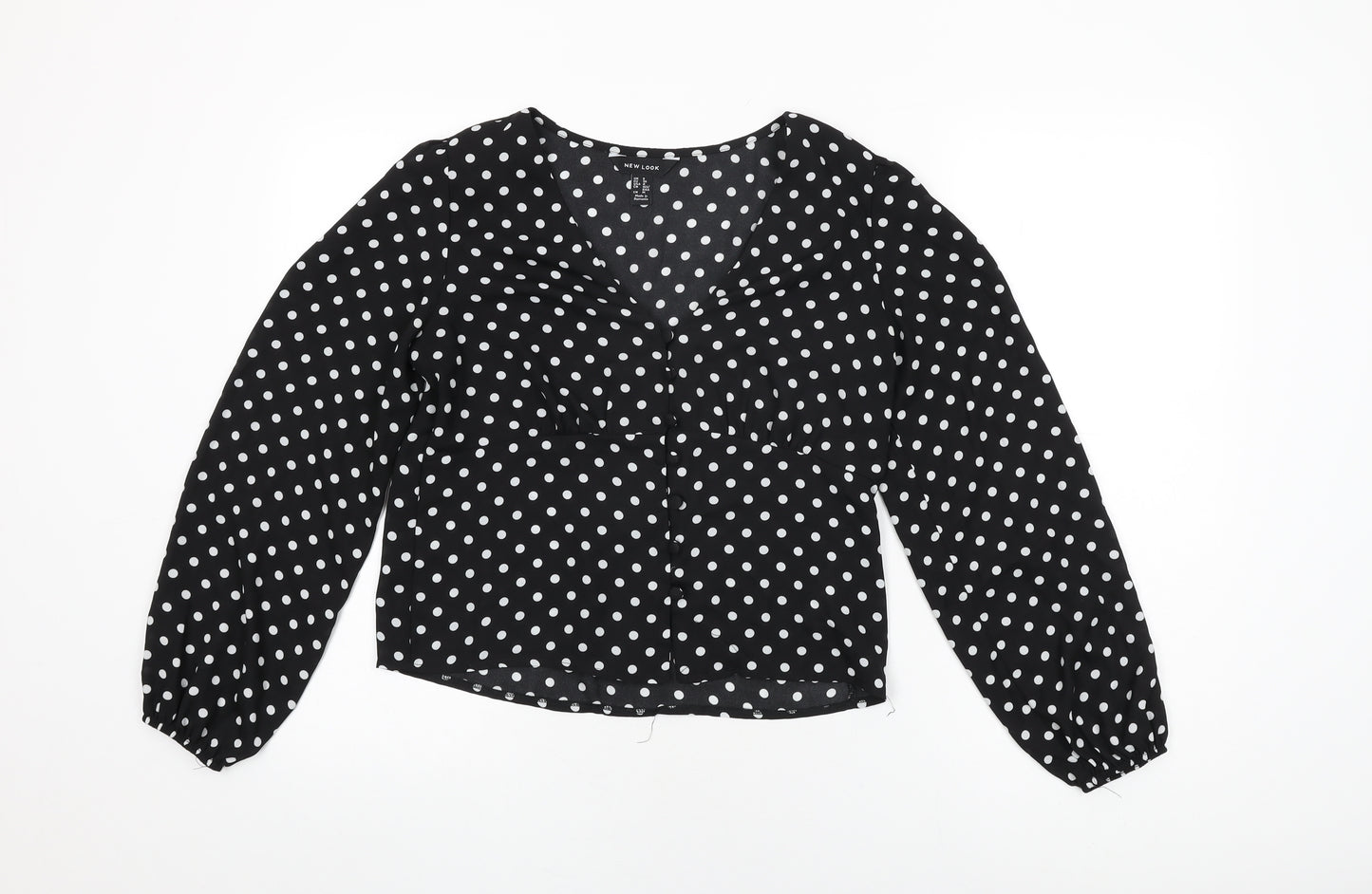 New Look Womens Black Polka Dot Polyester Basic Button-Up Size 8 V-Neck