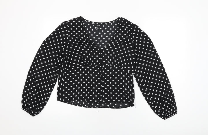New Look Womens Black Polka Dot Polyester Basic Button-Up Size 8 V-Neck