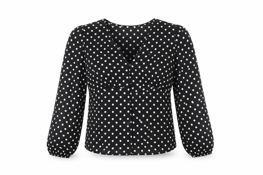 New Look Womens Black Polka Dot Polyester Basic Button-Up Size 8 V-Neck