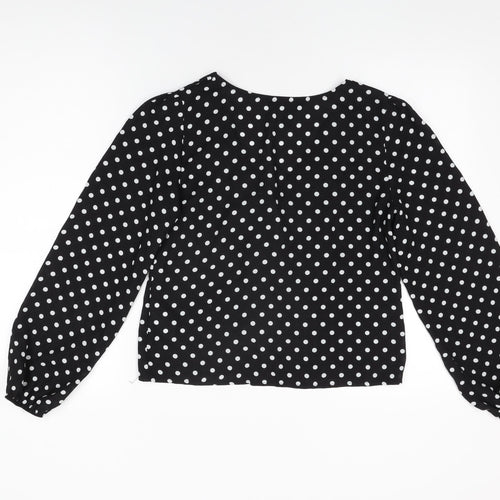 New Look Womens Black Polka Dot Polyester Basic Button-Up Size 8 V-Neck
