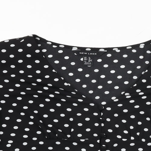 New Look Womens Black Polka Dot Polyester Basic Button-Up Size 8 V-Neck