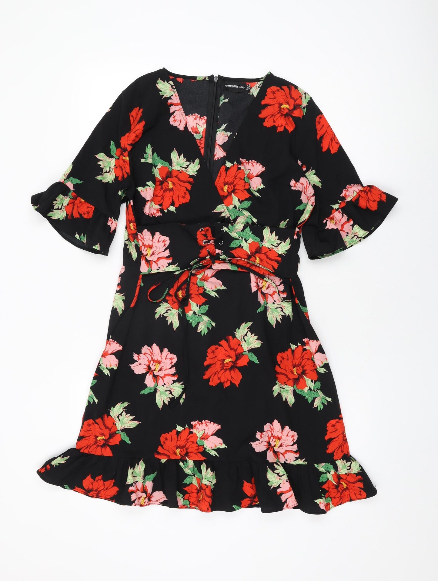 PRETTYLITTLETHING Womens Black Floral Polyester Shift Size 12 V-Neck Zip