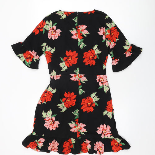 PRETTYLITTLETHING Womens Black Floral Polyester Shift Size 12 V-Neck Zip