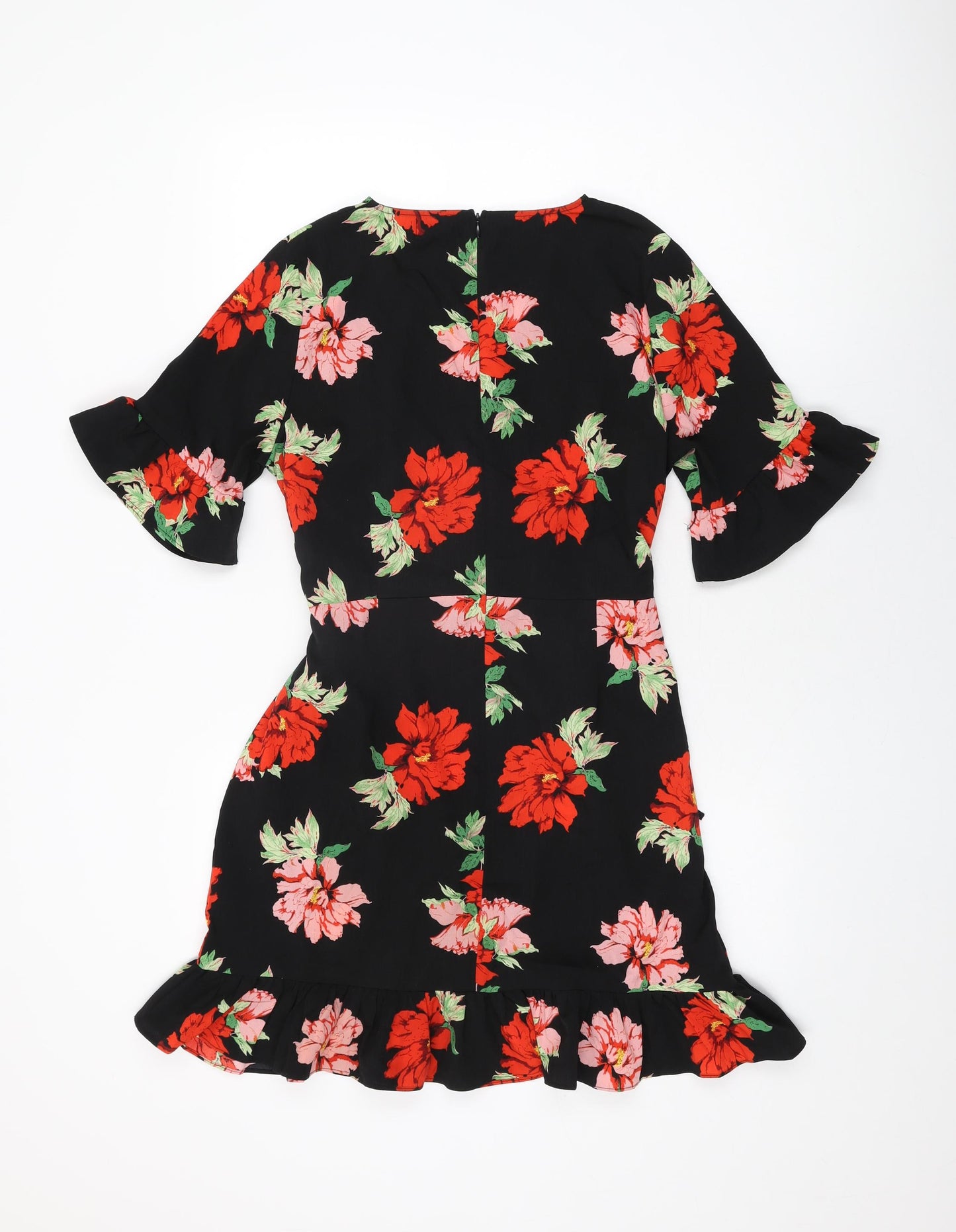 PRETTYLITTLETHING Womens Black Floral Polyester Shift Size 12 V-Neck Zip