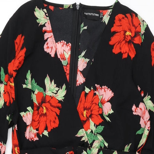 PRETTYLITTLETHING Womens Black Floral Polyester Shift Size 12 V-Neck Zip