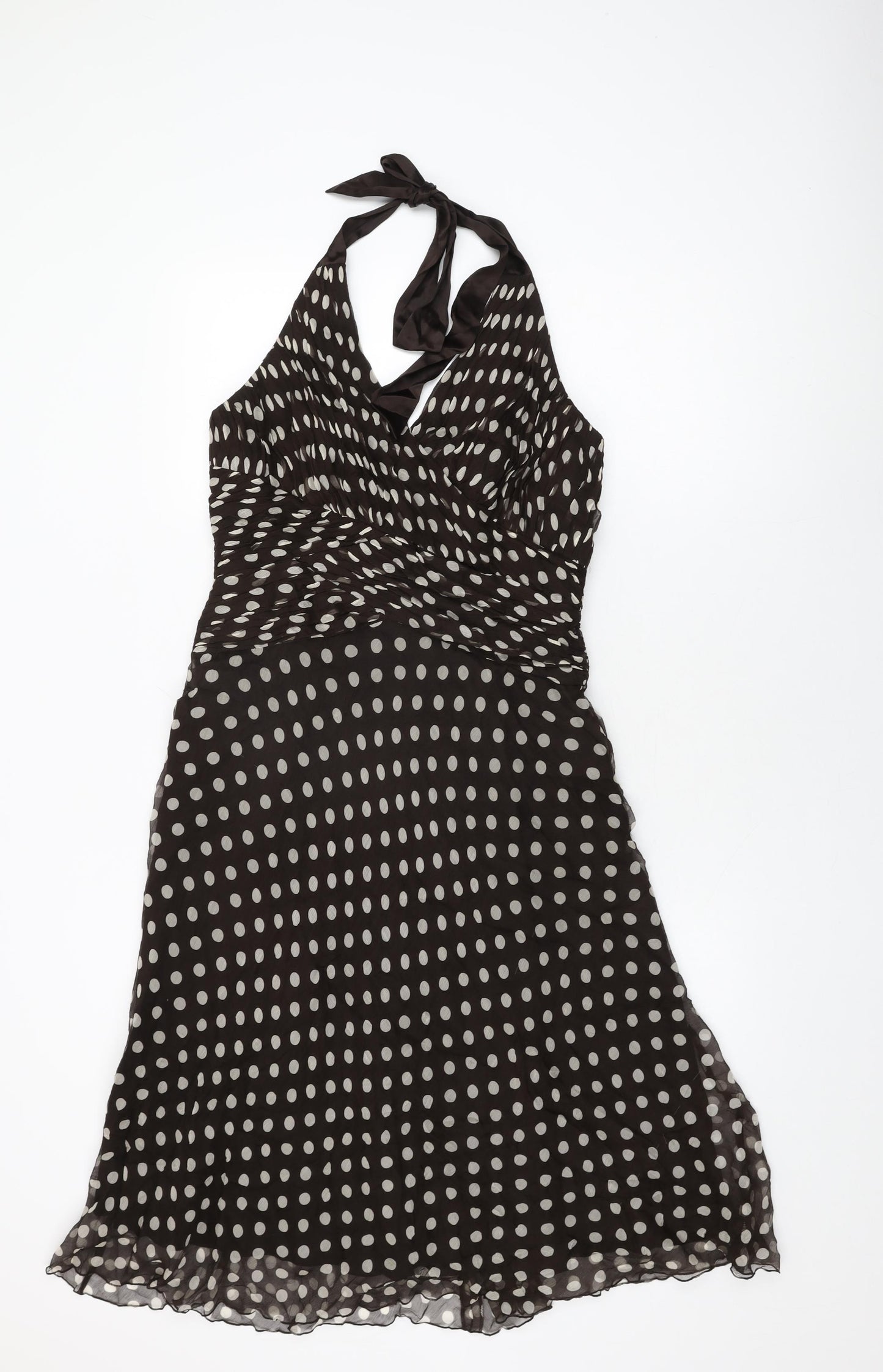Phase Eight Womens Brown Polka Dot Silk A-Line Size 12 Halter Zip