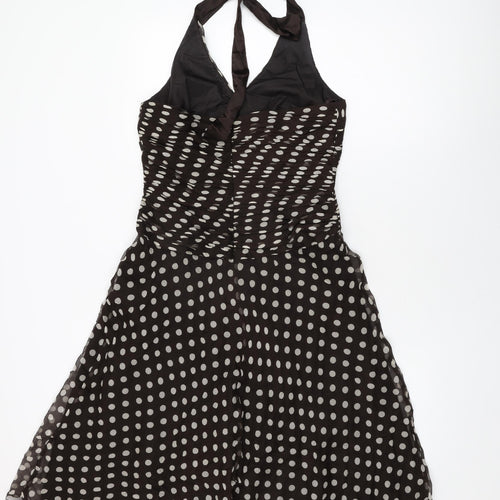 Phase Eight Womens Brown Polka Dot Silk A-Line Size 12 Halter Zip