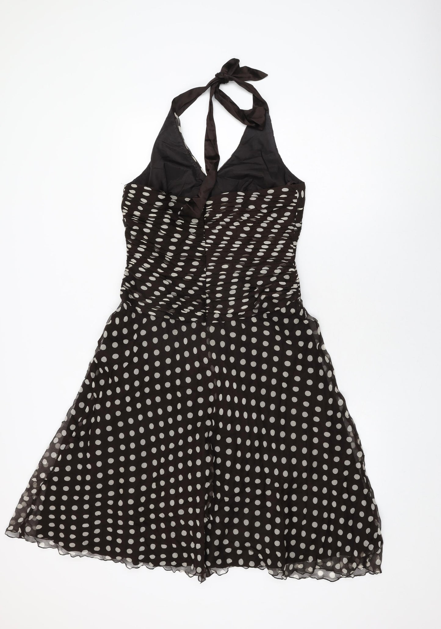 Phase Eight Womens Brown Polka Dot Silk A-Line Size 12 Halter Zip