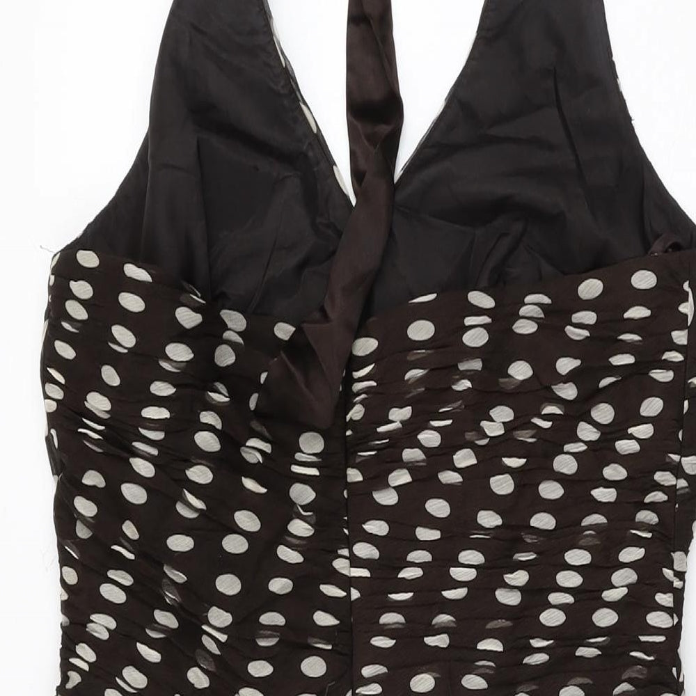 Phase Eight Womens Brown Polka Dot Silk A-Line Size 12 Halter Zip