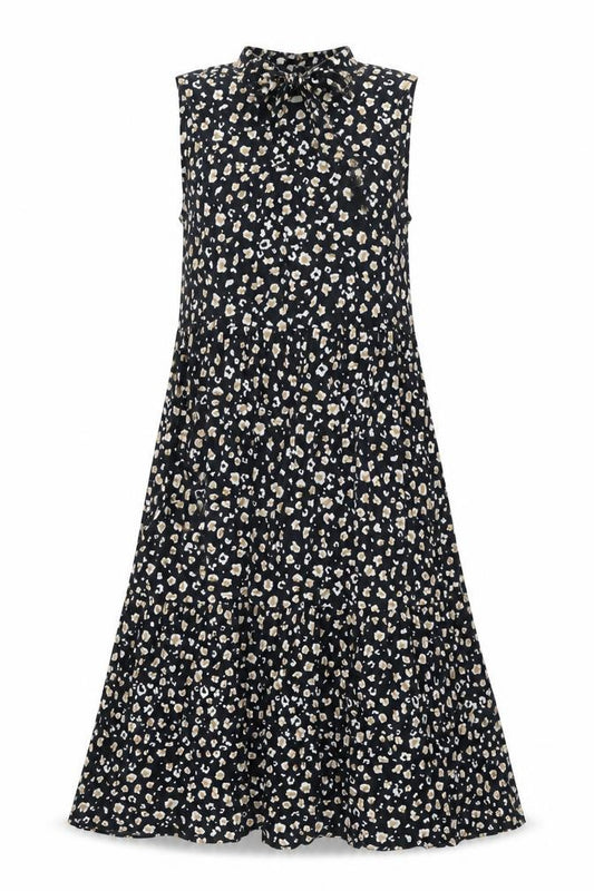 Front view of ASOS women’s black animal print cotton shift, size UK 12, round neck tie