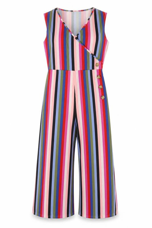 Front view of Luna Loves women’s multicoloured striped viscose jumpsuit one-piece, size UK 12, 22-inch leg pullover