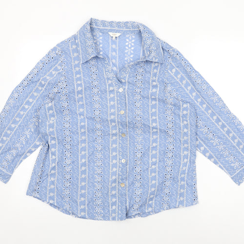 Cotton Traders Womens Blue Floral Cotton Basic Button-Up Size 14 Collared