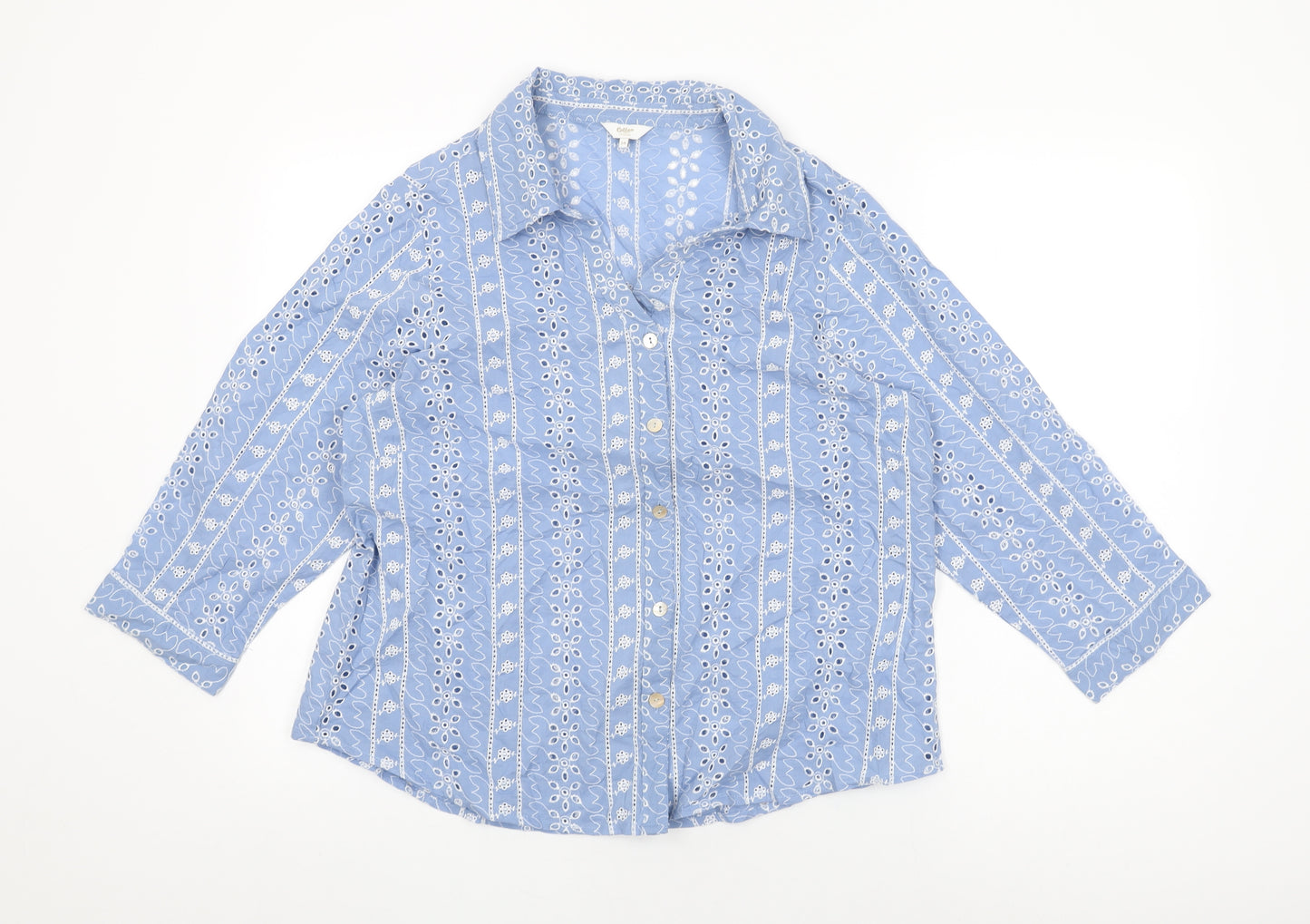 Cotton Traders Womens Blue Floral Cotton Basic Button-Up Size 14 Collared