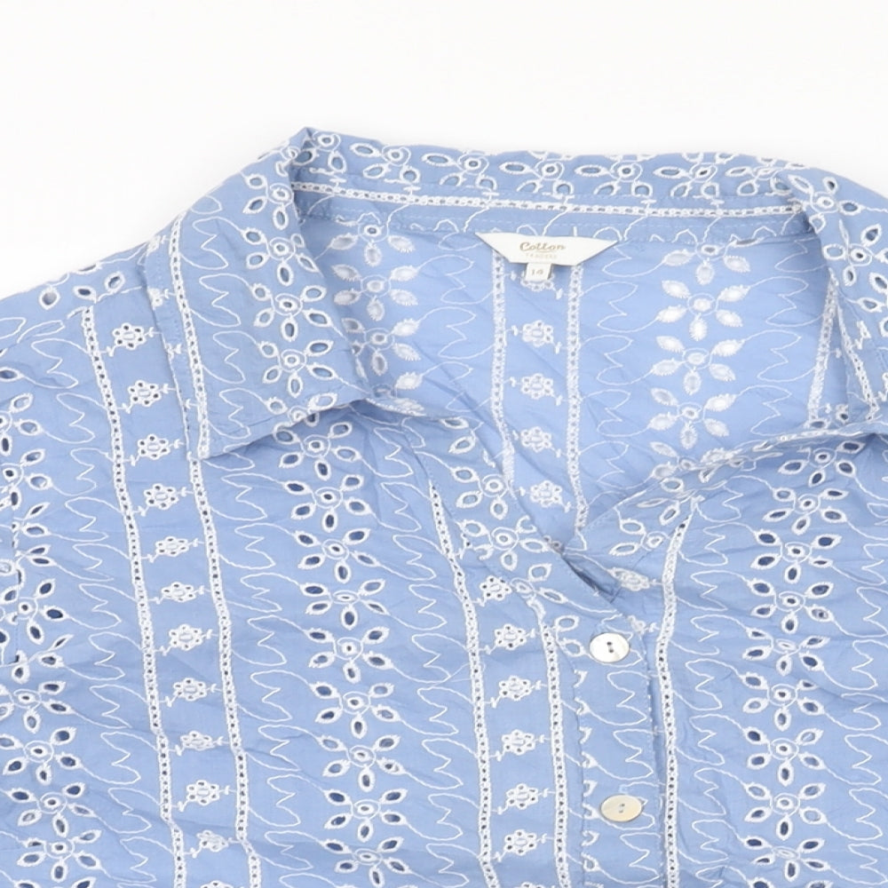 Cotton Traders Womens Blue Floral Cotton Basic Button-Up Size 14 Collared