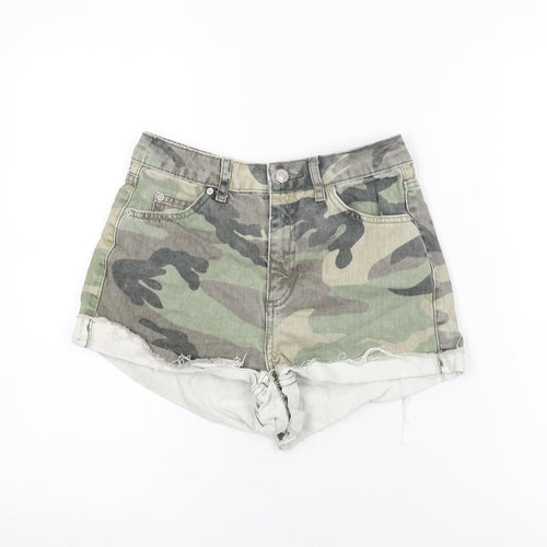 Topshop Womens Green Camouflage Cotton Hot Pants Shorts Size 8 Regular Zip