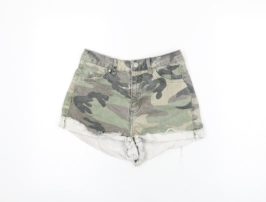 Topshop Womens Green Camouflage Cotton Hot Pants Shorts Size 8 Regular Zip