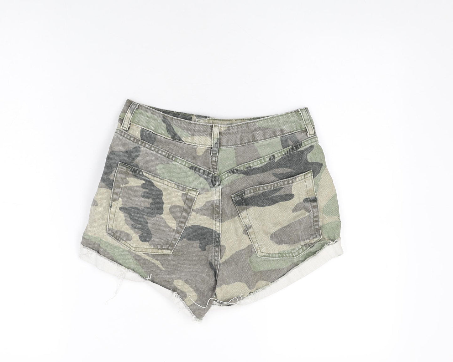 Topshop Womens Green Camouflage Cotton Hot Pants Shorts Size 8 Regular Zip