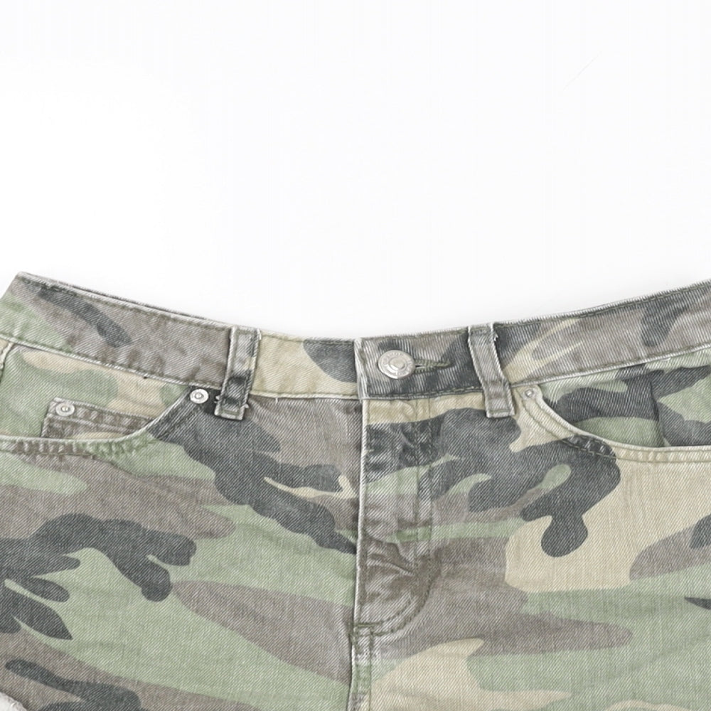 Topshop Womens Green Camouflage Cotton Hot Pants Shorts Size 8 Regular Zip