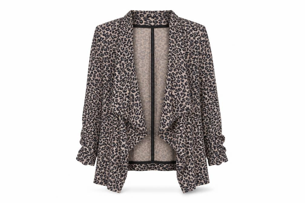 Front view of Miss Selfridge women’s beige animal print jacket blazer, size UK 8